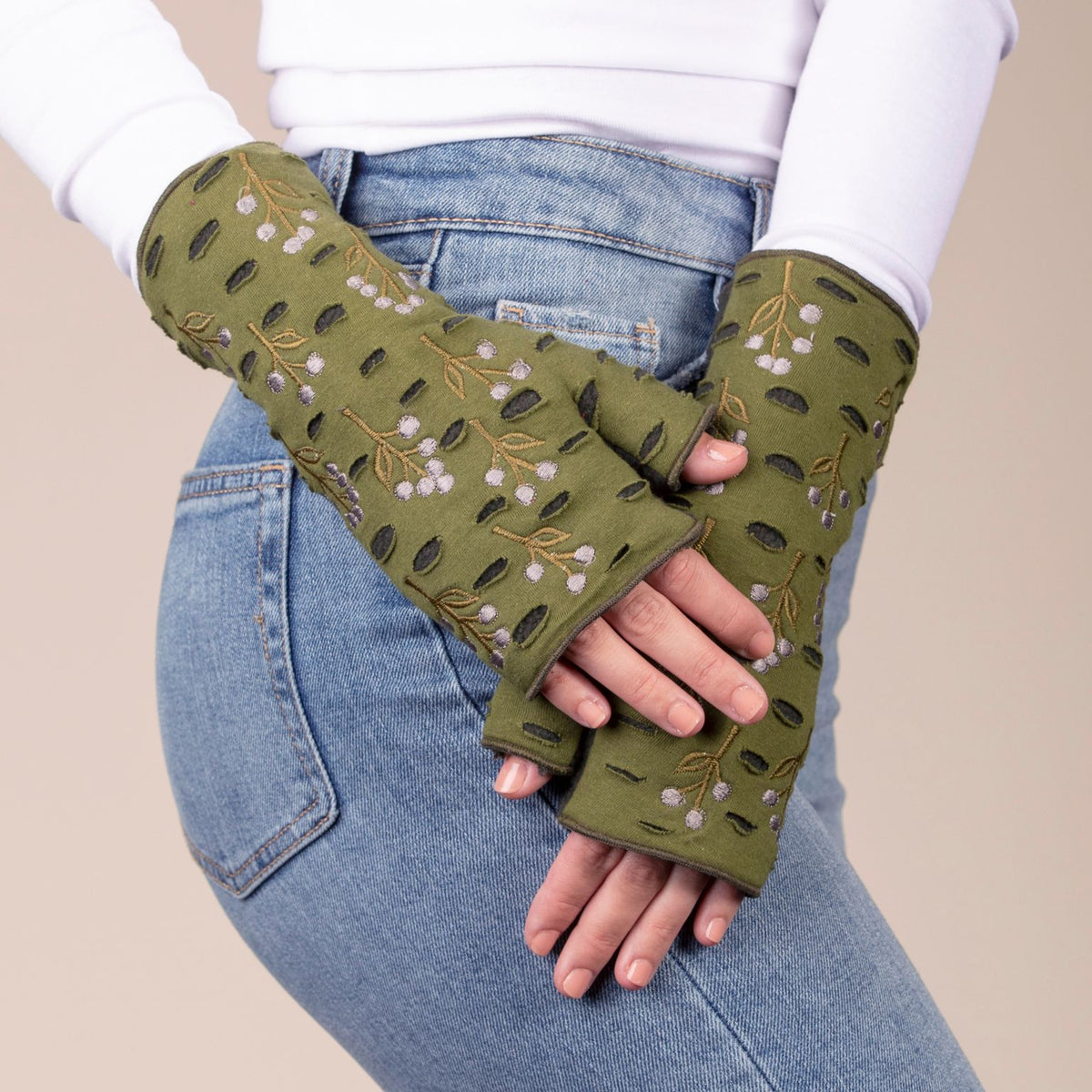 Winter Berry Fleece Fingerless Glove Field on model